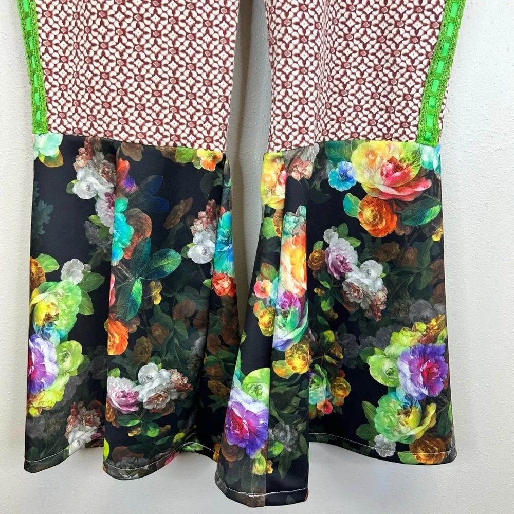 Floral Colorful Flare Pants Fun Festival Hippie Boho‎ Size 12 Stretch Maximalist
